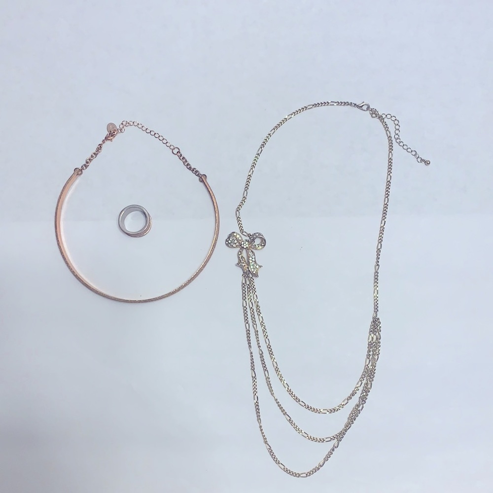 Rose Gold choker with matching ring and Gold Bow necklace